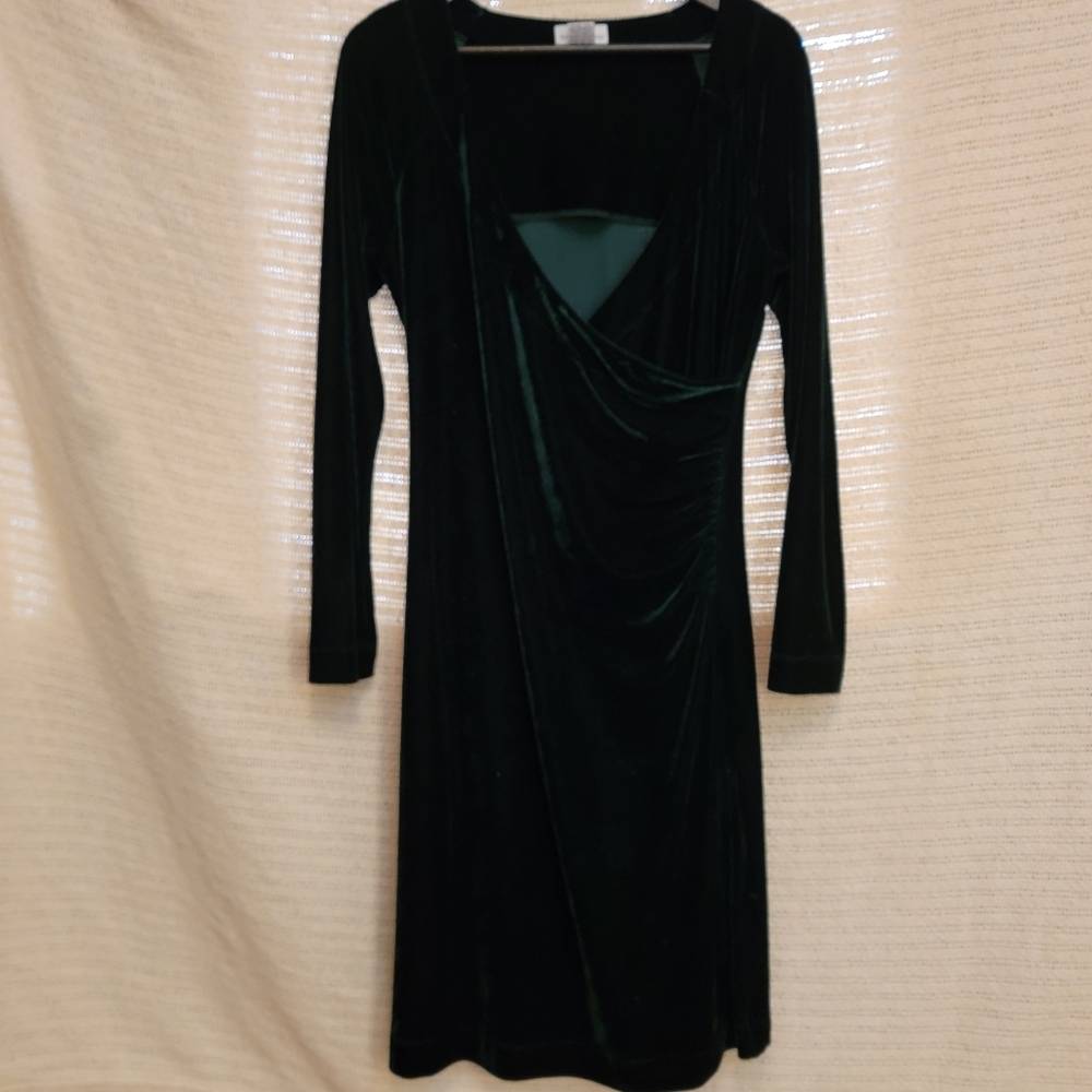 Soft Surroundings Deep Emerald Green Velvet Velour Classic Faux Wrap Dress M